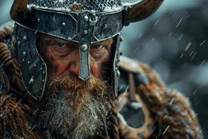 Intense viking warrior in the rain photo
