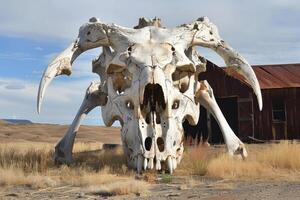 Giant animal skull display in rustic setting photo