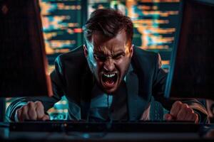 Frustrated businessman at computer in office at night photo