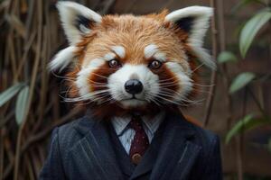 Whimsical portrait of a person in a suit with a realistic red panda mask photo
