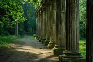 Serene pathway along ancient columns in forest photo