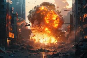 Digital artwork depicting a massive explosion on a city street, with chaos unfolding photo