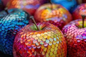 Closeup of vibrant, mosaiccovered decorative apples with shimmering patterns photo