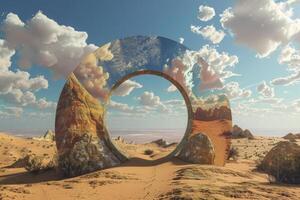 Imaginative desert scene with a gigantic ring portal under a clear, cloudy sky photo
