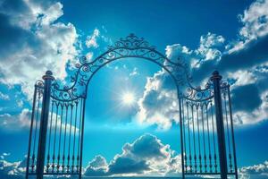 Heaven's gate, ornate wrought iron gates against sky photo