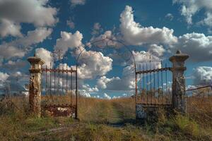 Rustic gate to the open field under a cloudy sky photo