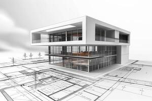 Modern architecture concept with 3d house rendering over blueprints photo