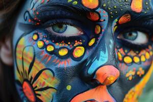 Detailed closeup of a person with colorful artistic face paint in bright patterns photo