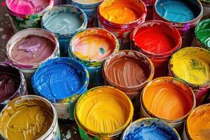 Top view of open paint cans with various vivid colors photo