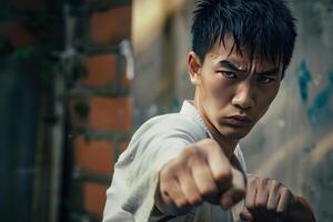 Determined martial artist in action pose photo