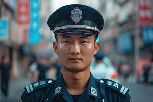Portrait of a serious uniformed officer on duty photo