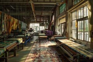 Sunlit view of a deserted textile mill with vintage machinery and colorful cloths photo