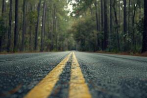 Low angle view of a wet road with yellow lines leading through a foggy forest photo