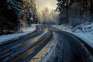 Curvy road with tire tracks through a snowy forest during a tranquil sunset photo