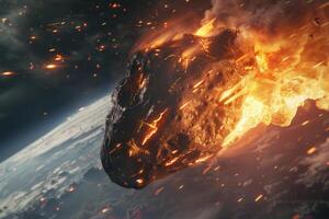 Vivid illustration of a massive, burning asteroid on a collision course with earth photo