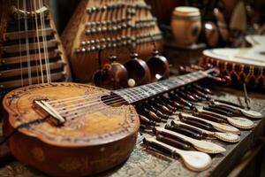 Assortment of classical stringed musical instruments displayed on a wooden surface photo