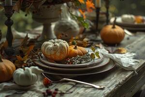 Autumn harvest table setting with pumpkins photo