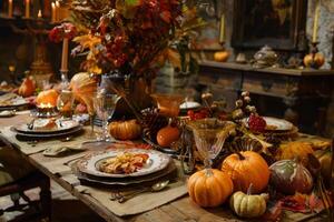 Thanksgiving dinner table setting with autumn decor photo