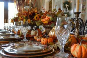 Festive autumn banquet table setting photo