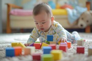 Baby playing with colorful blocks on floor photo