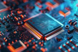 Macro shot of an electronic circuit board with processor chip and glowing connections photo
