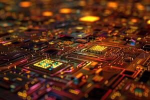 Highresolution image depicting a vibrant, complex circuit board with citylike structures photo