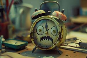 Old clock showing fear on a desk photo