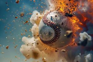 Dynamic image capturing a baseball in an intense explosion with debris photo