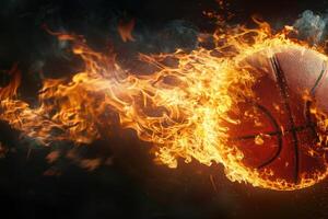 Dynamic image of a basketball engulfed in realistic flames against a dark background photo