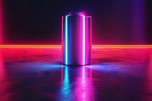 3d render of a glowing battery in neon lights with a dark, reflective surface photo