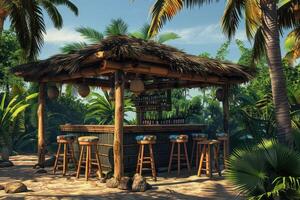 Idyllic beach bar with thatched roof surrounded by lush palm trees in a serene tropical setting photo