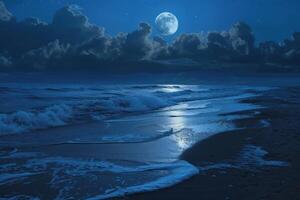 sereno noche escena en un playa con un lleno Luna reflexión en el olas foto