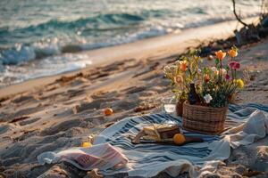 Sunset beach picnic with wine and flowers photo