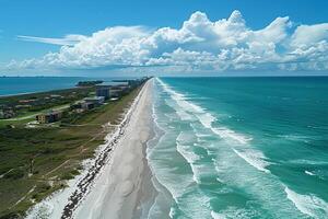 Aerial view of pristine beach with cumulus clouds photo