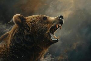 Large brown bear showing teeth and roaring in a cloud of dust photo
