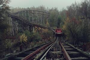 Red rollercoaster cart approaching on tracks in abandoned amusement park on foggy day photo