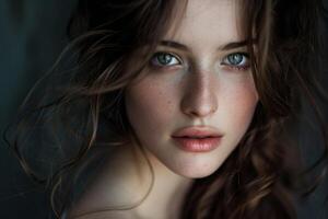 Beautiful model posing with long brown hair flowing in the wind photo