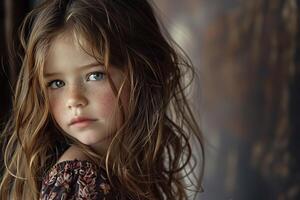 Portrait of a young girl with long hair posing with a serious expression photo