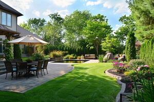Backyard of a beautiful home with swimming pool and landscaped garden on a sunny day photo