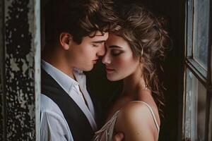 Young couple sharing a romantic moment, embracing in rustic window light photo