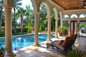 Luxurious pool is glistening in the sunshine behind a row of stone columns photo
