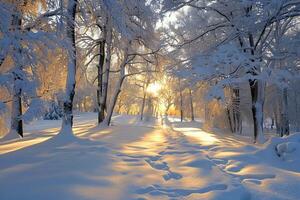 Snow covered trees line a path with footprints in the snow photo