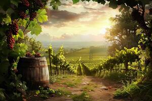 Old wooden wine barrel standing on a path near grapes in the vineyard at sunset photo