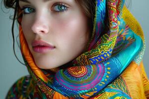 Beautiful caucasian woman posing with colorful scarf on head and looking serious photo