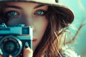 Young photographer is taking a photo using a vintage camera