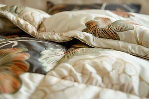 Floral pattern bed sheets forming abstract shapes with shadows and folds photo
