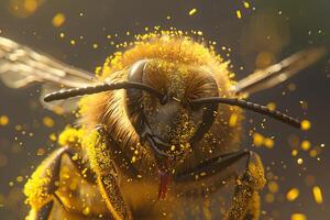 Close up image of a honey bee with pollen stuck to its fur photo