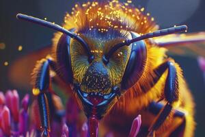 Honey bee covered in pollen gathering nectar from a flower close up photo