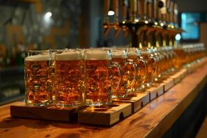 Row of full beer mugs sitting on bar with taps in background photo
