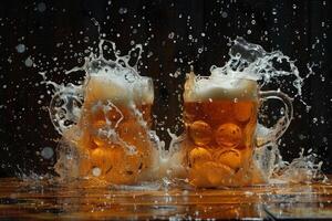 Two beer mugs toasting and splashing on wooden table in bar photo